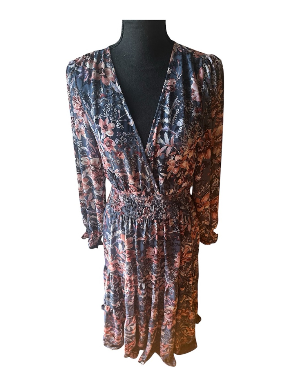 Olivia Grey Surplice V-Neck Tiered Smocked Boho Chic Floral Maxi Dress